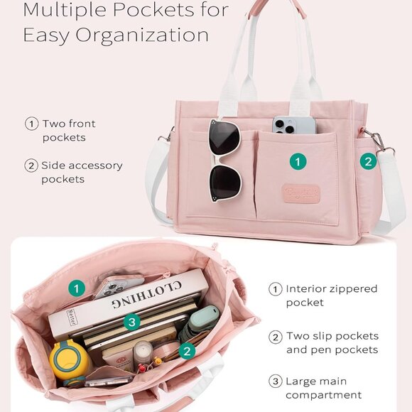 Pink Waterproof Cotton-Poly Tote Bag for Women with Multiple Pockets and Adjusta - Picture 3 of 8
